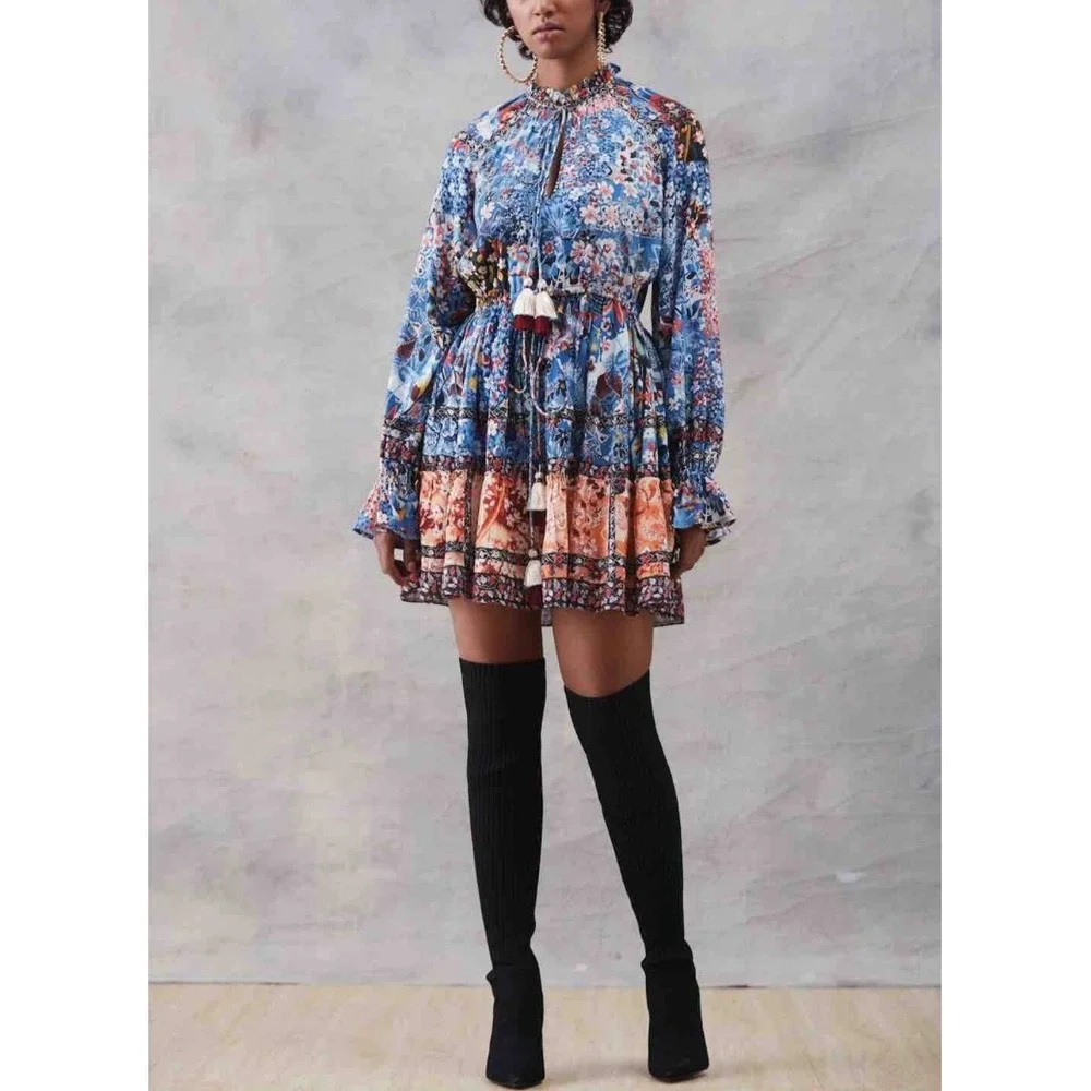 NEW Hemant & Nandita Blue Floral Mini Dress Boho Bohemian Peasant Long Sleeve M - Picture 14 of 15